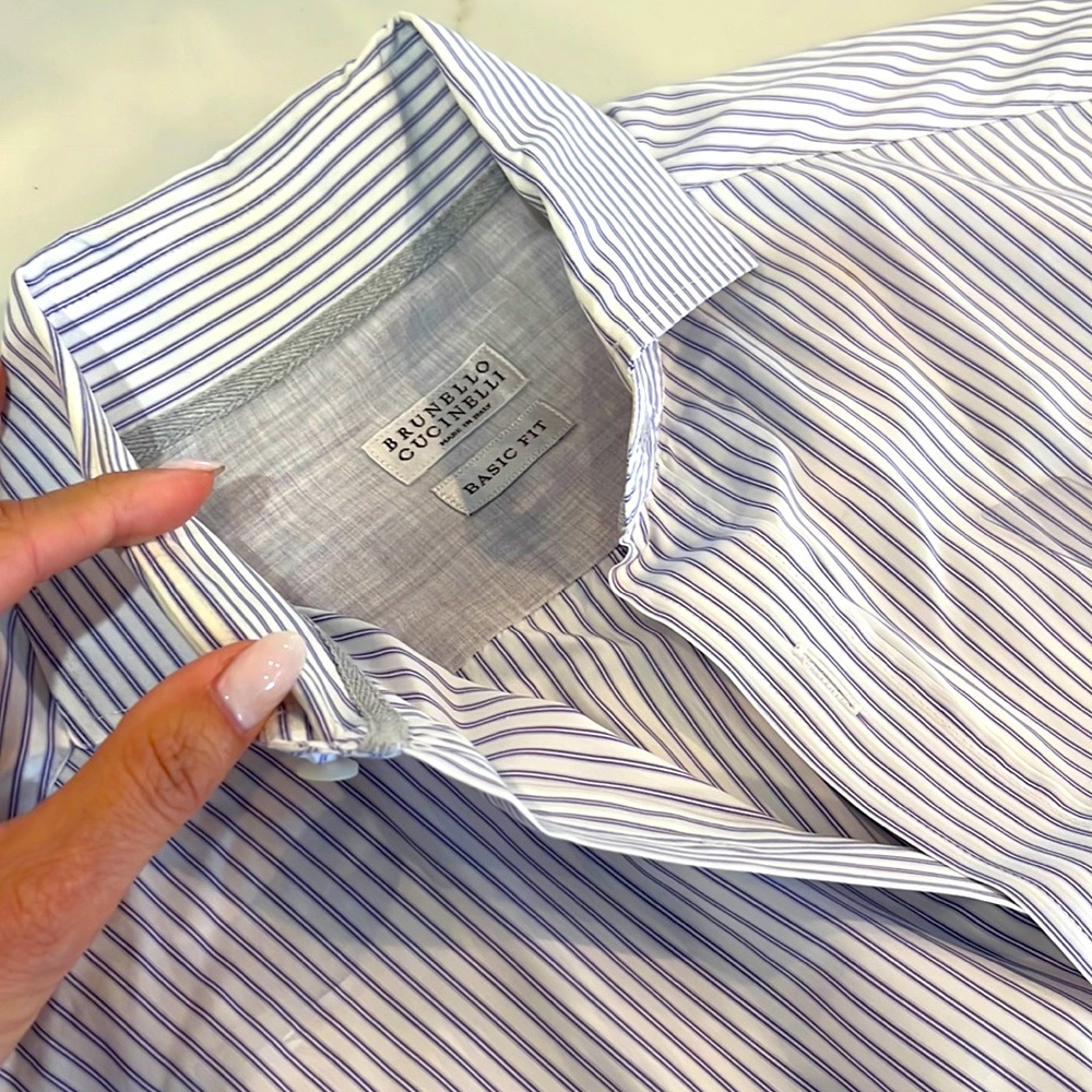 Brunello Cucinelli light purple and white striped shirt.